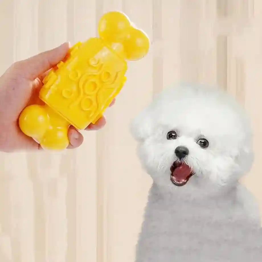 Hand holding a yellow dog toy shaped like a bear next to a small white dog.