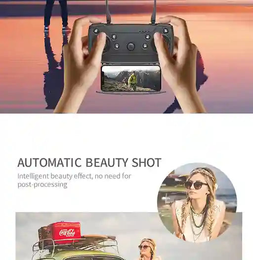Hands holding a smartphone with a camera app open, showing a scenic view. Below, there's an inset of a woman with sunglasses and a Coca-Cola truck.