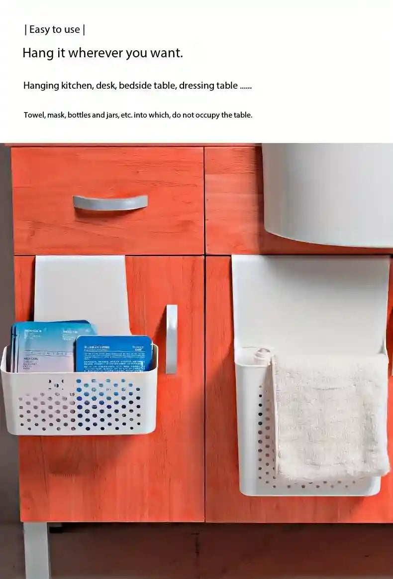 Hanging storage baskets on a red cabinet with text indicating ease of use.