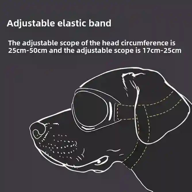 Illustration of a dog wearing goggles with an adjustable elastic band, on a dark background.