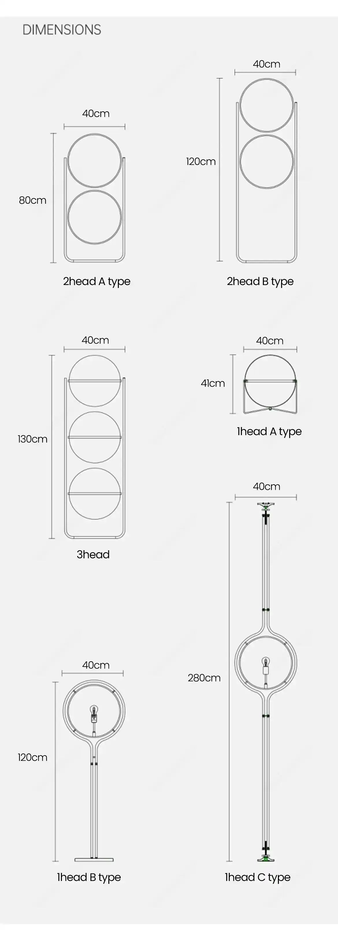 Illustrations of different types of light fixtures with dimensions labeled