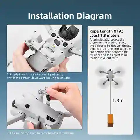 Installation diagram for a drone air thrower with text instructions on rope length and installation steps.