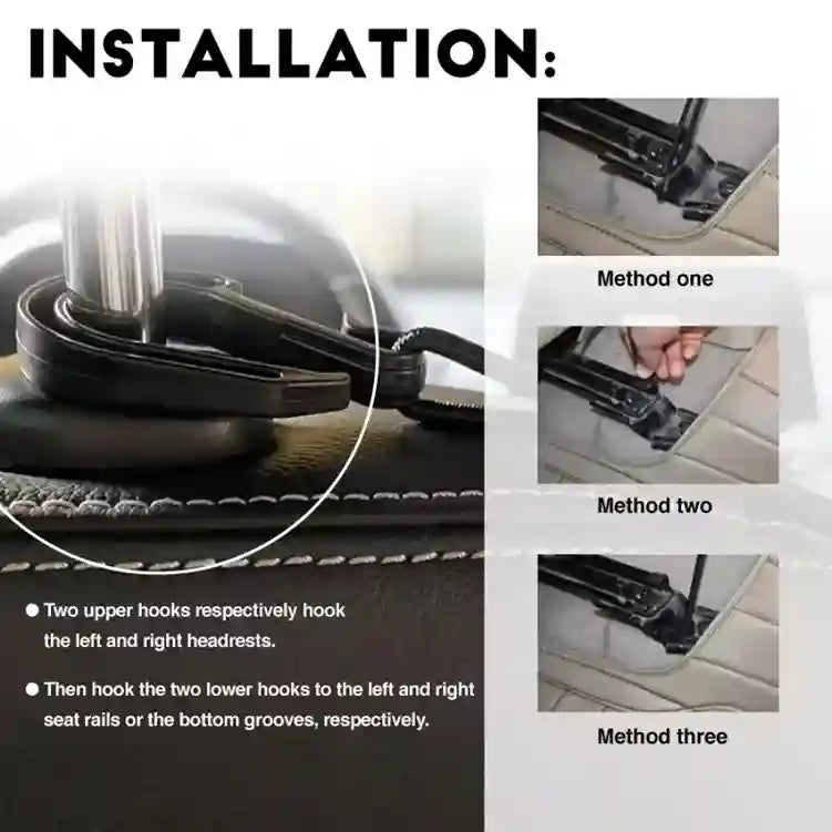 Installation guide for car headrest straps with step-by-step instructions and images.
