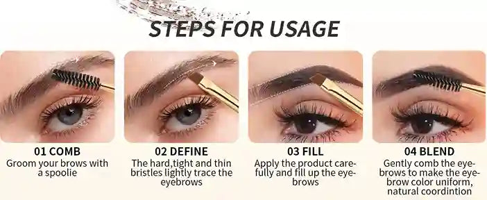 Instructions for using a brow grooming tool with close-up images of eyes and tools.
