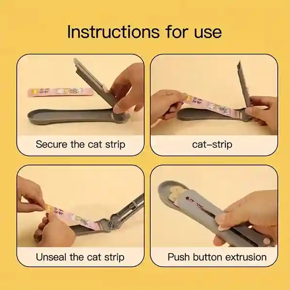 Instructions for using a device to secure and extrude a strip, with text on a yellow background.