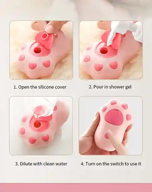 Instructions for using a pink silicone shower product with paw design.