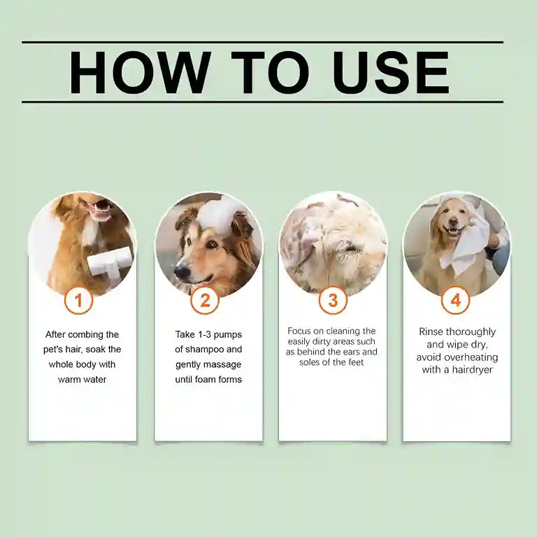 Instructions on how to use a pet grooming product with images of dogs and text.