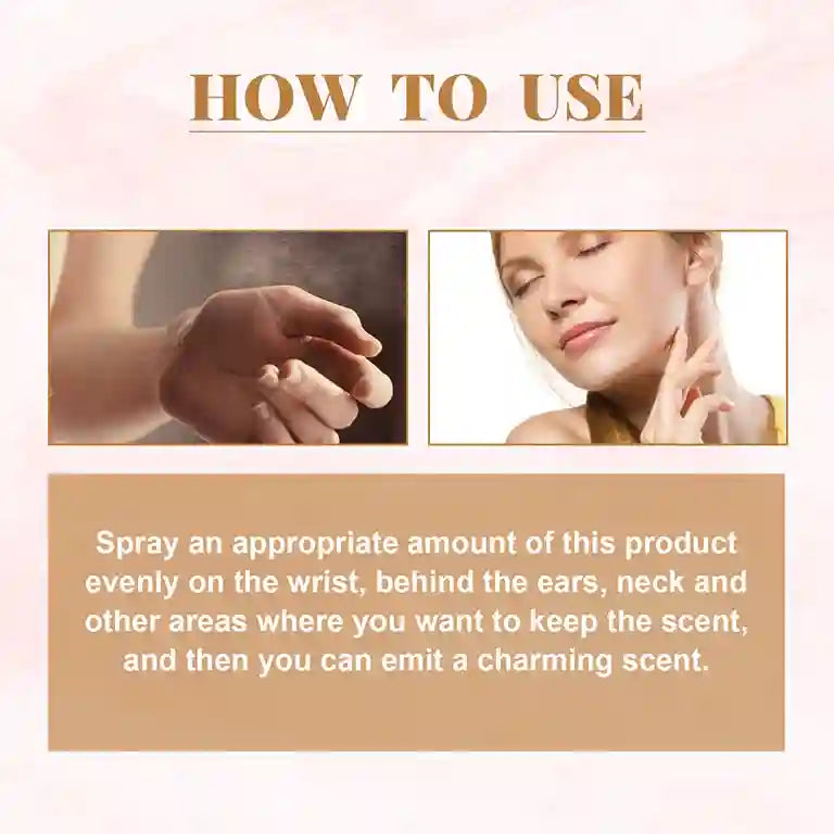 Instructions on how to use a product, showing a hand and a woman's face with text.