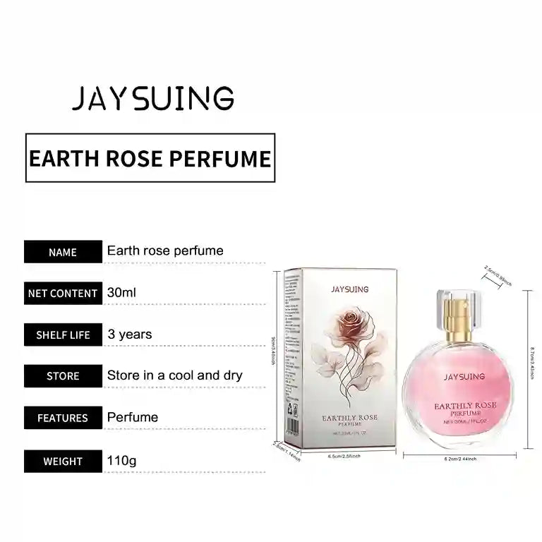 Jaysuing Earth Rose Perfume packaging with product details on a white background
