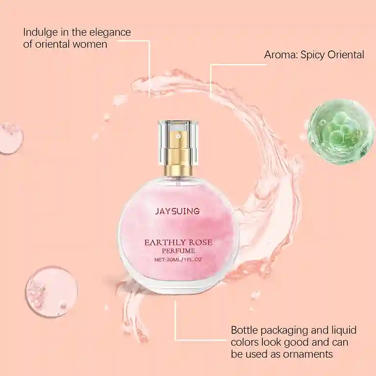 Jaysuing Earthly Rose perfume bottle with pink packaging on a pink background