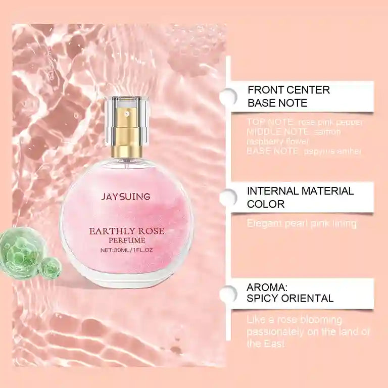 Jaysuing Earthly Rose perfume bottle with product details on a pink background