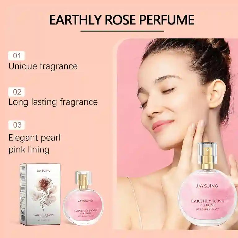 Jaysung Earthly Rose perfume with packaging and a model holding the bottle against a pink background.