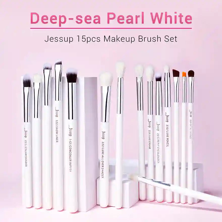 Jessup 15pcs Makeup Brush Set with 'Deep-sea Pearl White' color on a pink background