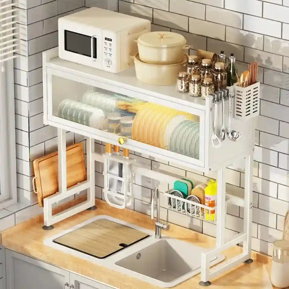 Kitchen organization system with shelves above a sink