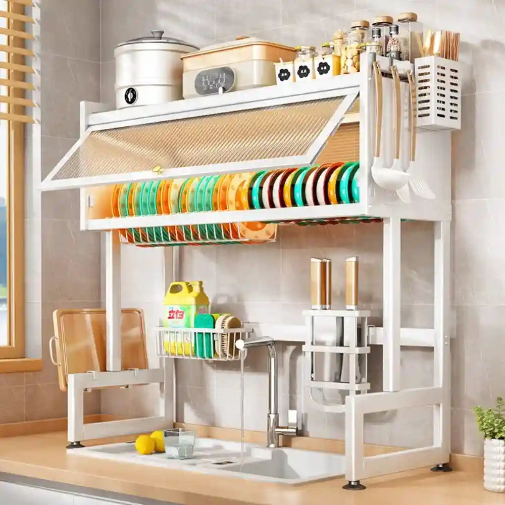 Kitchen rack with dishes and utensils in a kitchen setting