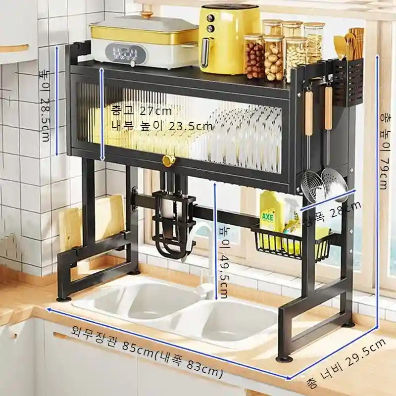 Kitchen rack with measurements over a sink in a kitchen setting