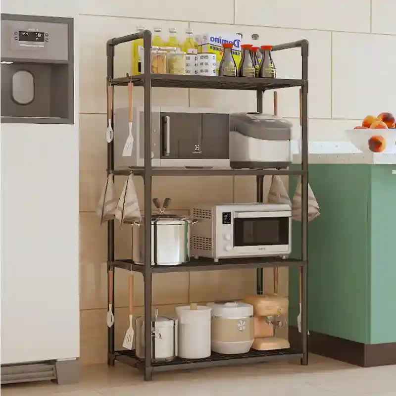 Kitchen shelf with appliances and items in a kitchen setting