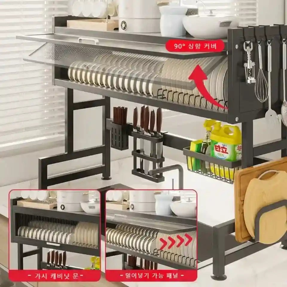 Kitchen utensil rack with various compartments in a kitchen setting