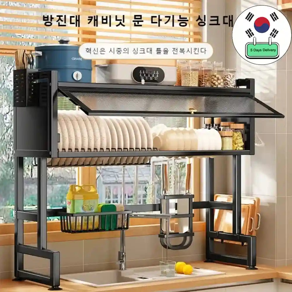 Korean kitchen sink with dish rack and storage shelves in a modern kitchen setting.