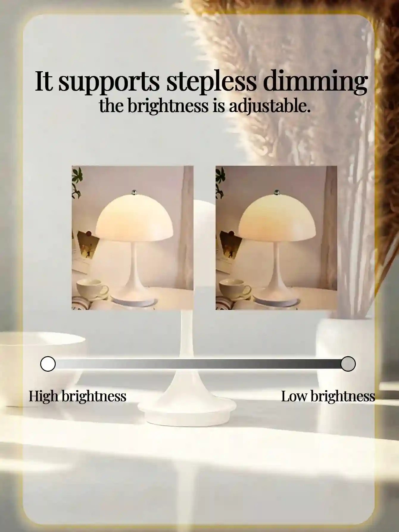 Light fixture with stepless dimming feature shown at high and low brightness levels.