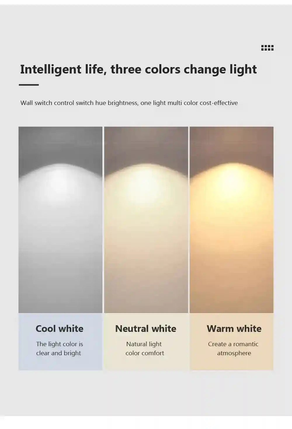 Lighting control switch with three color options: cool white, neutral white, and warm white.