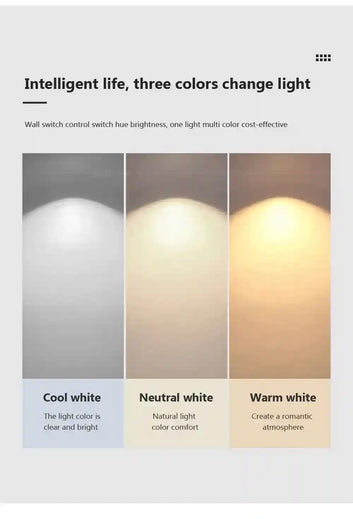 Lighting control switch with three color options: cool white, neutral white, and warm white.
