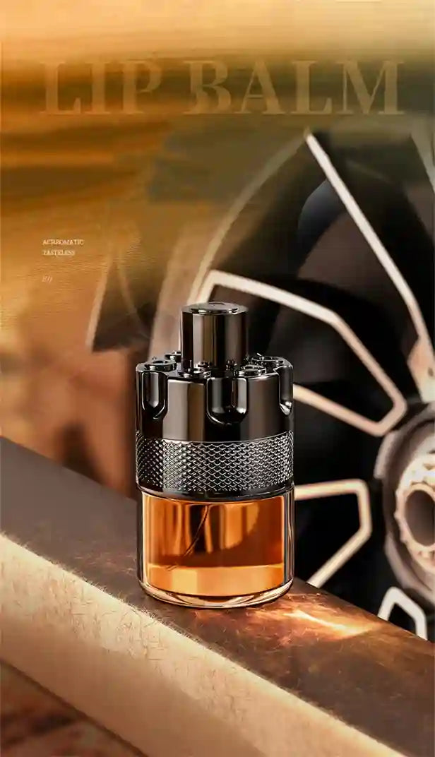 Lip balm container with a metallic finish on a reflective surface