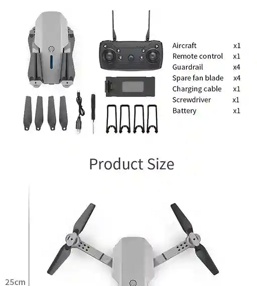 List of drone components with product size measurement on a white background