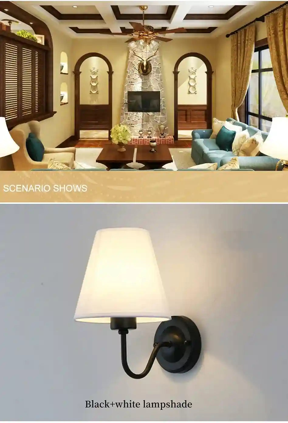 Living room with a ceiling light fixture and a wall-mounted lamp with a white shade.