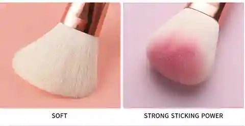 Makeup brush with soft and strong sticking power labels on a pink background