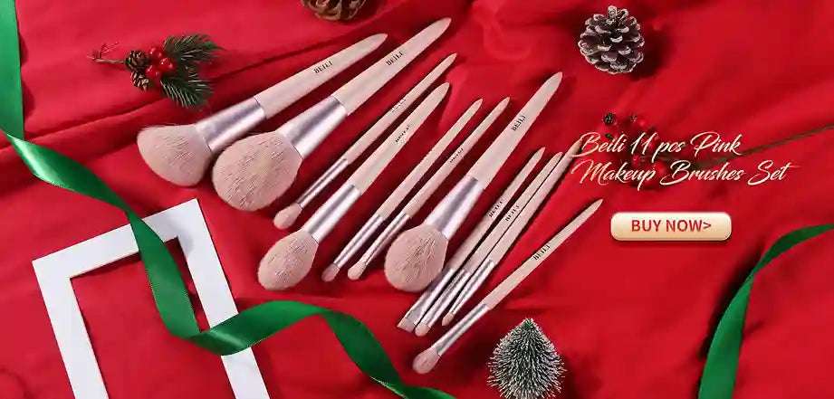 Makeup brushes set on a red background with decorative elements and a 'Buy Now' button.