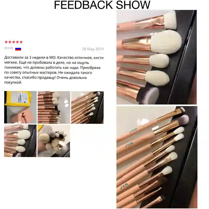 Makeup brushes with rose gold handles and white bristles, shown from different angles.