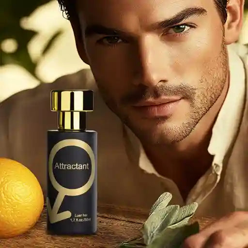 Man with a bottle of 'Attractant' perfume and an orange on a wooden surface