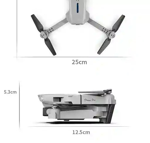 Measurement chart of a drone with dimensions labeled on a white background