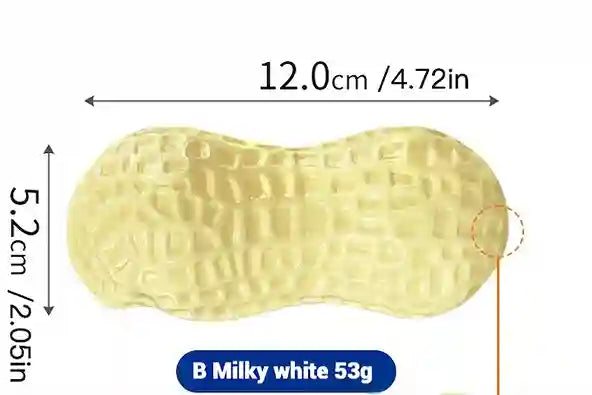 Measurement chart of a peanut-shaped product labeled 'B Milky white 53g' on a white background.