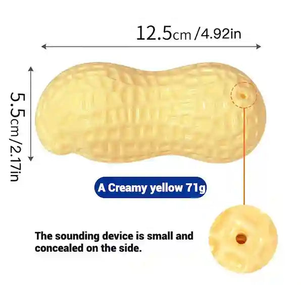 Measurement chart of a small yellow device resembling a peanut with dimensions and color information.