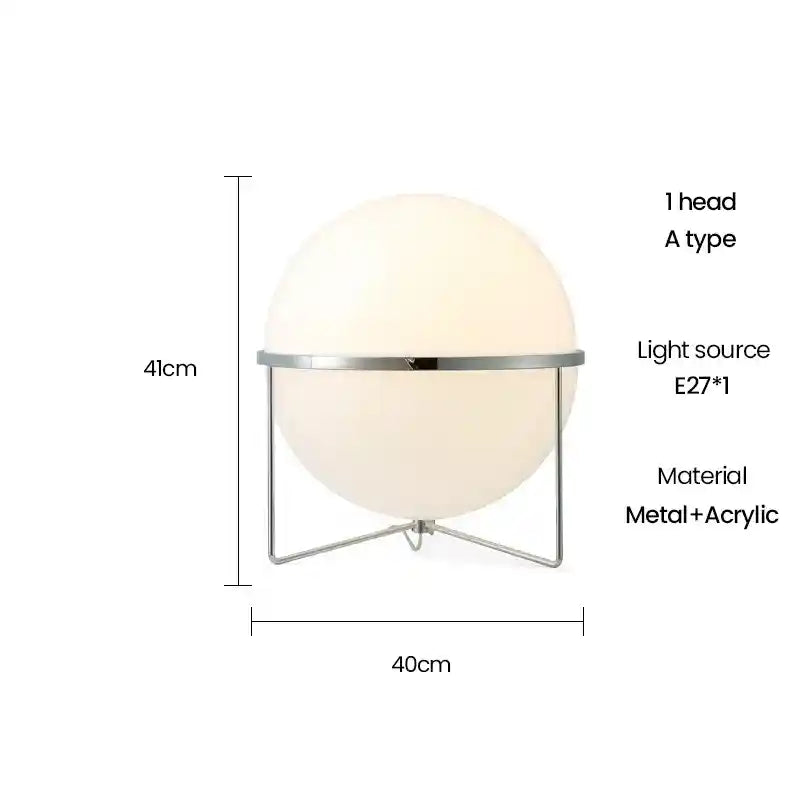 Measurement chart of a spherical lamp with dimensions and material details.