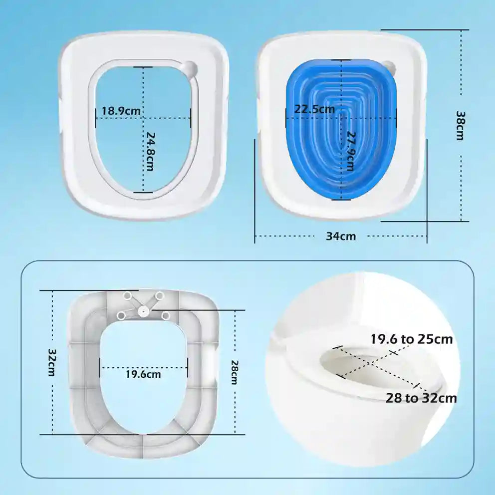 Measurement chart of a toilet seat with dimensions on a blue background