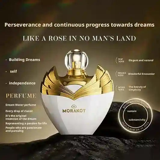 Morakot perfume bottle with text about perseverance and dreams on a dark background