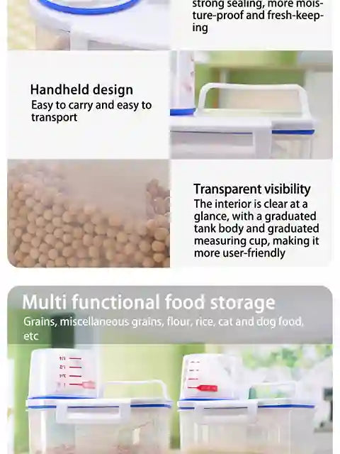 Multifunctional food storage container with features highlighted on a white background