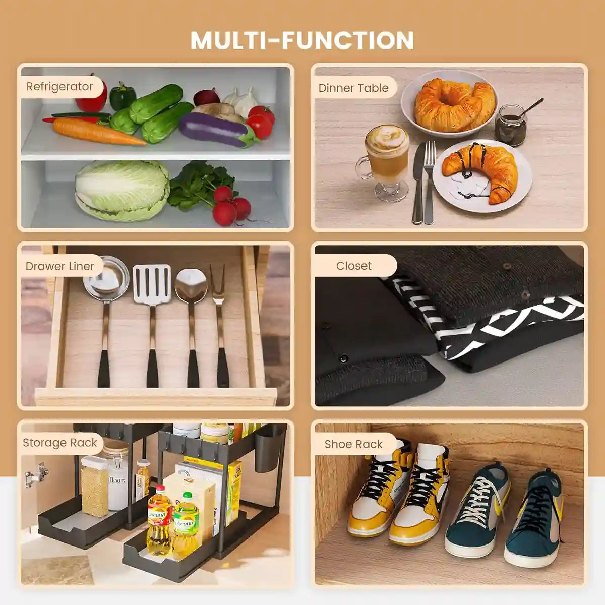 Multifunctional product used in various settings including refrigerator, dinner table, drawer, closet, storage rack, and shoe rack.