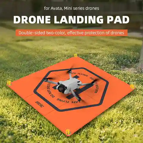 Orange drone landing pad with a drone on grass, labeled for Avata Mini series drones.