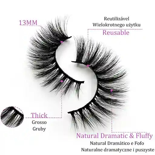 Pair of false eyelashes with text indicating features on a white background
