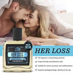 Perfume bottle labeled 'Her Loss' with a couple in bed in the background