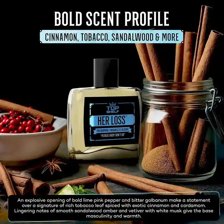 Perfume bottle labeled 'Her Loss' with cinnamon sticks and spices on a dark background