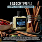 Perfume bottle labeled 'Her Loss' with cinnamon sticks and spices on a dark background