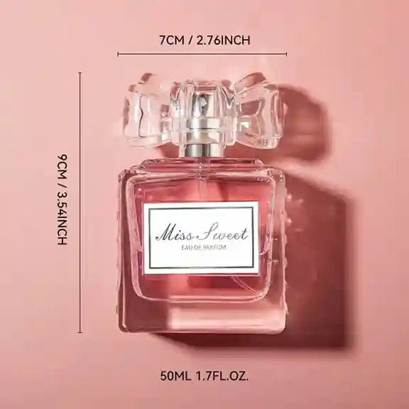Perfume bottle labeled 'Miss Sweet' with dimensions on a pink background