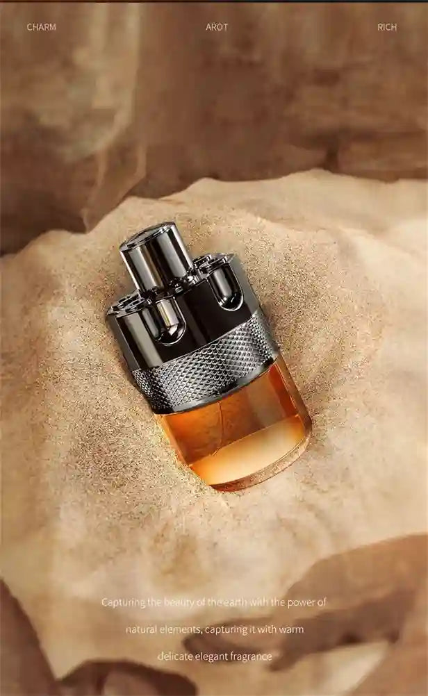 Perfume bottle on a textured beige surface with warm tones