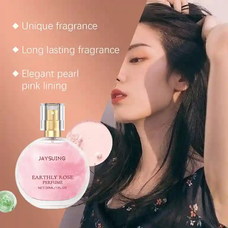 Perfume bottle with a woman and product features on a peach background
