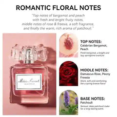 Perfume bottle with descriptive text about romantic floral notes on a pink background